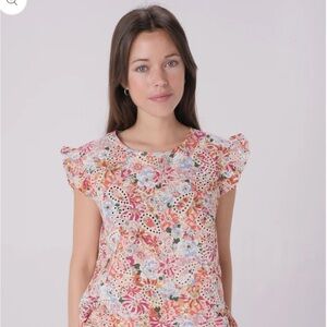 Pink tropical floral eyelet top small